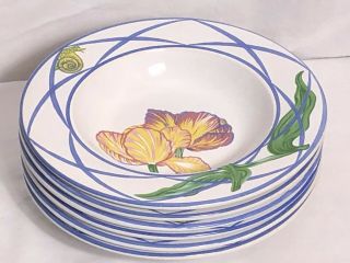 Set Of 6 Lynn Chase Designs Floral Jardin Des Tulipes Soup Salad Bowl 8 7/8 "