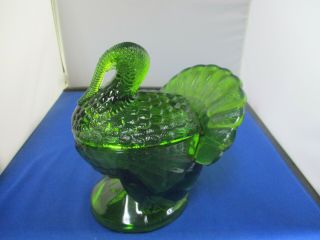 L.  E.  Smith Forest Green Glass Thanksgiving Turkey On A Nest Lidded Dish