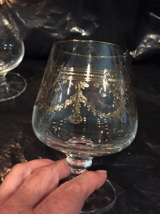 Set Of 4 Antique Clear Crystal Goblets Glasses Etched Gold Rim Signed (54)