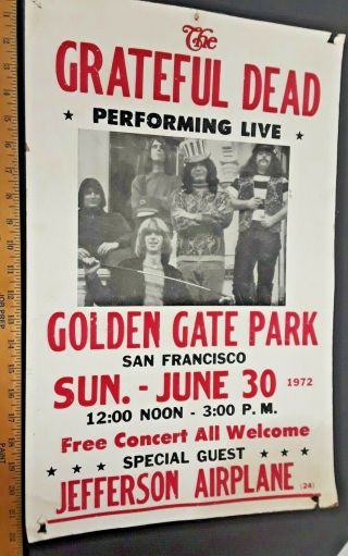 1972 Grateful Dead W/ Jefferson Airplane Golden Gate Park Poster 22 Inches Long