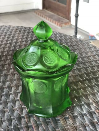 Fostoria Green Coin Glass Covered Candy Jar