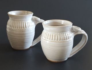 Studio Handcrafted Art Pottery Mugs Set Of Two (2) White Glaze