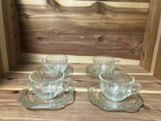 Federal Madrid Depression Glass Clear Set Of 4 Coffee Cups & Saucers Pre - Owned
