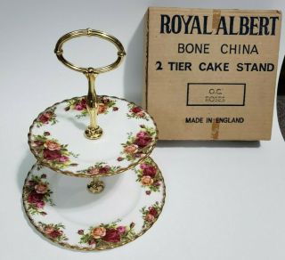 Antique Royal Albert Bone China 2 Tier Cake Stand Box Nos Country Roses