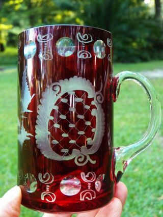 Vintage Bohemia Ruby Glass Mug Drinking Glass Hand - Cut To Clear W/ Handle Czech