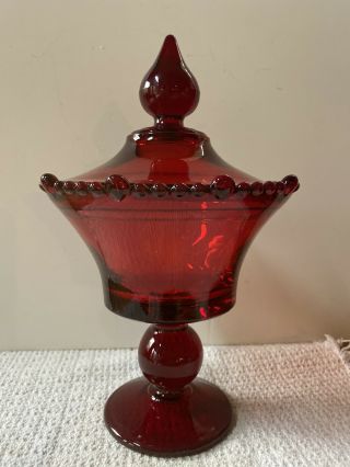 Vintage Ruby Red Large Glass Compote Candy Dish With Lid