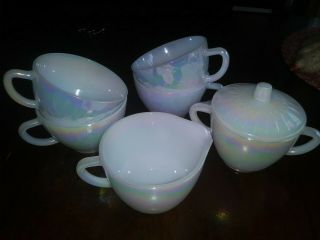Federal Glass Moon Glow Coffee Cups Cream Sugar W/lid Set