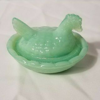 Jadeite Green Glass Miniature Hen On Nest Salt Cellar