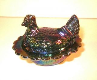 Tiny Purple Carnival Glass Chicken In Basket 3 Inches Long