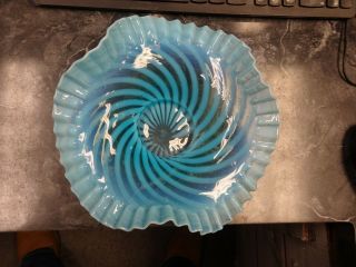 Vintage Fenton Glass Blue Opalescent Spiral Optic Swirl Ruffled Flared 10 " Bowl