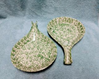 Set Of 2 Bel - Terr Usa Skillet W/ Handle Henn Pottery Green Spongeware