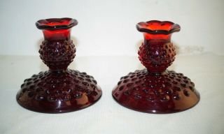 Fenton Hobnail Ruby Single Light Candlesticks,  Set Of (2),  Vintage Red Glass