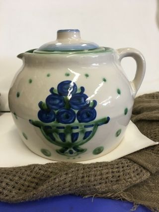 M A Hadley Pottery Large Bean Pot Cookie Jar Blue Green Pour Spout & Handle