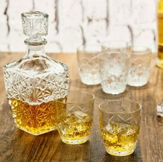 7 Pc Bormioli Rocco Whisky Decanter & Whiskey Tumblers Wine Glasses Gift Box Set