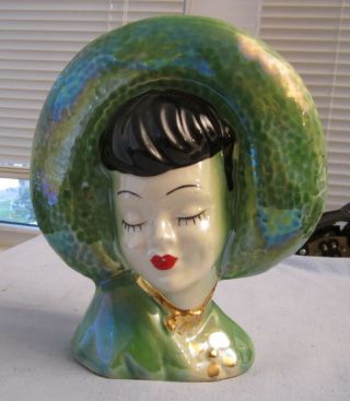 Lady Head Vase Woman With Hat,  Eyes Closed,  Green Hat Iridescent