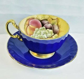 Rare Vintage Aynsley Cobalt Blue " Orchard Fruit " Teacup & Saucer England