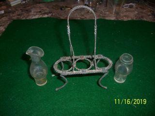 Antique Miniature Doll House Childs Glass & Wire Cruet Set With 2 Bottles One Mi