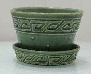 Vintage McCoy Art Pottery Large Green Greek Key & Dots Flower Pot Planter Vase 2