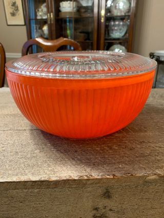 Anchor Hocking Glass Ribbed Bowl Leftover Dish & Lid Orange Red Vintage 9” Htf
