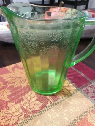 Vintage Depression Glass Uranium Ice Lip Green Pitcher Floral Design