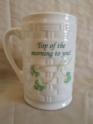 2 Belleek Ireland coffee mugs top of the morning,  Irish roots basketweave clover 3