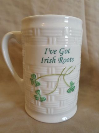 2 Belleek Ireland coffee mugs top of the morning,  Irish roots basketweave clover 5