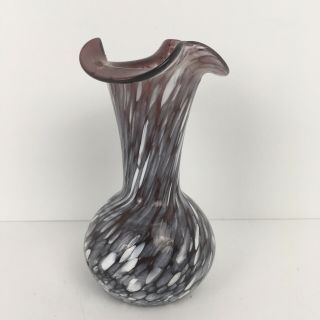 Hand Blown Art Glass Bud Vase Purple Ruffle Top White Gray Splatters 5 Inch