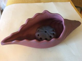 Vintage Van Briggle pottery cornucopia sea shell with flower frog mulberry vase 2