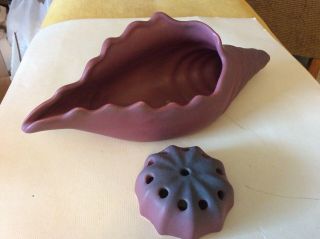 Vintage Van Briggle pottery cornucopia sea shell with flower frog mulberry vase 3