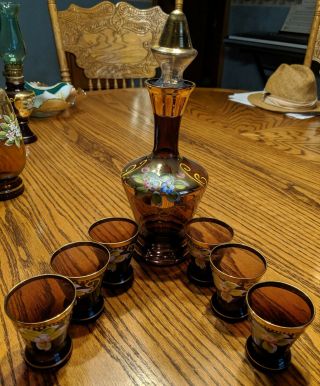Antique Bohemian Decanter 6 Cordial Drink Glass Gold Gilt Hand Painted Floral