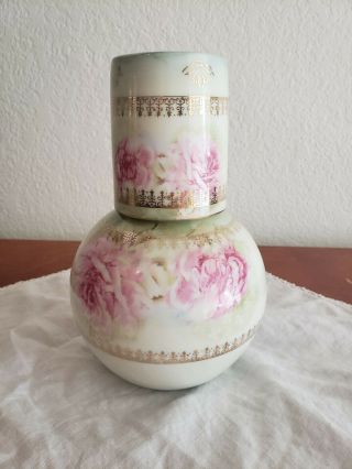 Lefton Heritage Rose Green Tumble Up Water Set Carafe & Glass Pink Vase 5697