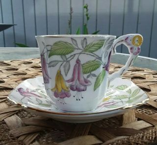 Lovely Vintage Royal Stafford Fuchsia Flower Handle Tea Cup And Saucer