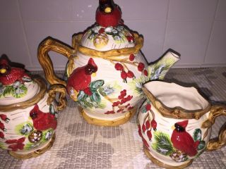 Vintage Tea Pot Set Cream And Sugar With Lid Design Cardinals