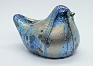 Signed Isle Of Wight Blue Iridescent Glass Seated Bird Paperweight
