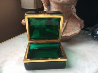 Vintage Heavy Emerald Green Cigarette Trinket Box With Gold Band.