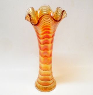 Vtg.  Imperial Marigold Carnival Glass Rippled Vase Iridescent Colors 9 7/8 " H