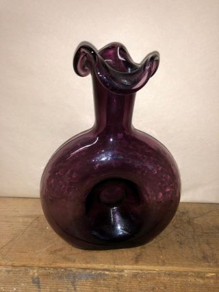 Vintage Blenko Glass Hand Blown Purple Pinched Donut Vase Art Glass