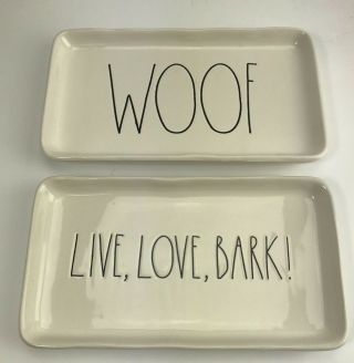 Rae Dunn Live Love Bark Woof Set Of Two Small Platter Tray Dog