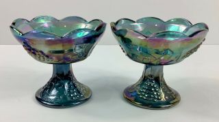 Indiana Blue Carnival Glass Iridescent Harvest Grape Candle Holders (2)