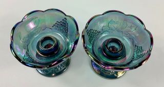 Indiana Blue Carnival Glass Iridescent Harvest Grape Candle Holders (2) 2