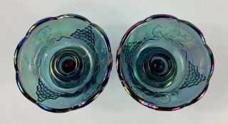 Indiana Blue Carnival Glass Iridescent Harvest Grape Candle Holders (2) 3