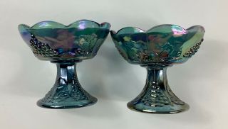 Indiana Blue Carnival Glass Iridescent Harvest Grape Candle Holders (2) 4