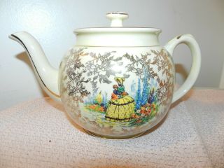 Sadler Teapot Crinoline Lady In Garden Gold Floral Background