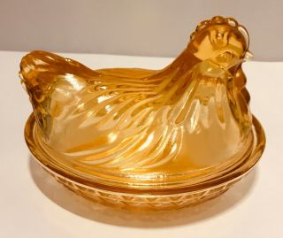 Hazel Atlas Vintage Amber Glass Hen On Basket Nest Covered Dish Candy Nut Bowl