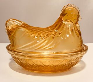 Hazel Atlas Vintage Amber Glass Hen on Basket Nest covered dish candy nut bowl 5