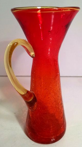 Crackle Art Glass Pitcher Vase 9 " Amber Tangerine Orange Red Gold Vintage