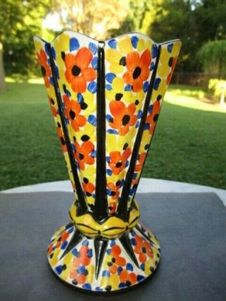 Hp Tango Black Orange Yellow Daisy Chintz Czech Art Pottery Spread Vase Low Base
