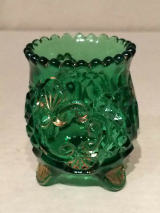 Eapg Riverside Croesus Gold Gilded Emerald Green Glass 3 Footed Toothpick Holder