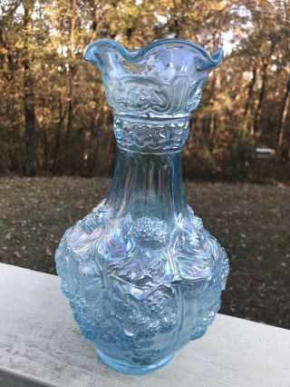 Imperial Glass Loganberry Grape & Leaves 10 " Blue Iridescent Carnival Glass Vase