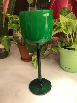 Single Carlo Moretti Murano Italy Green White Cased Glass Wine Goblet 9 1/2”